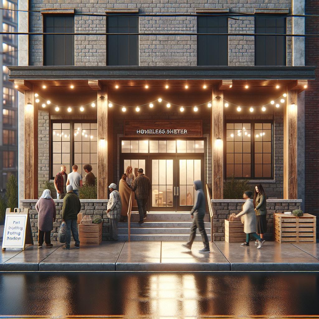 Homeless shelter with funding sign