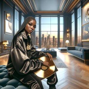 "Hip-Hop mogul inside luxury mansion"