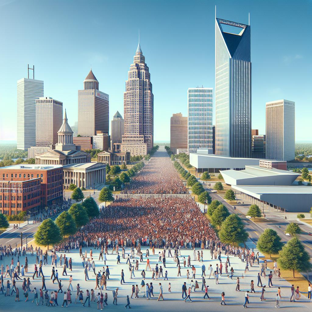 Memphis skyline and event-goers