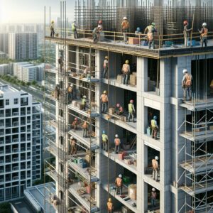 "Construction workers building apartments"