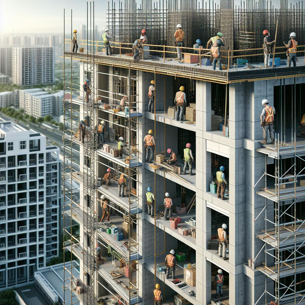 "Construction workers building apartments"