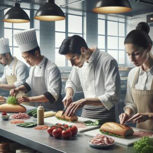 Chefs preparing deli sandwiches