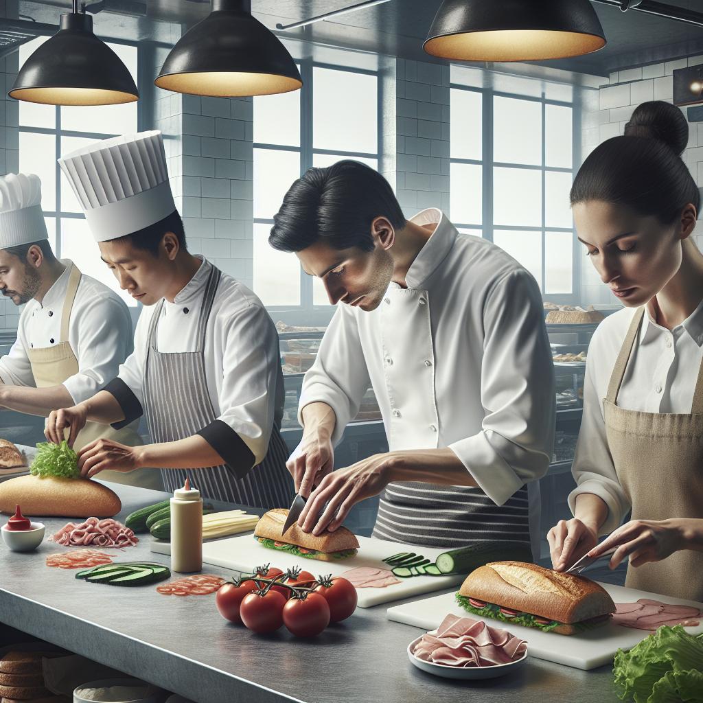 Chefs preparing deli sandwiches