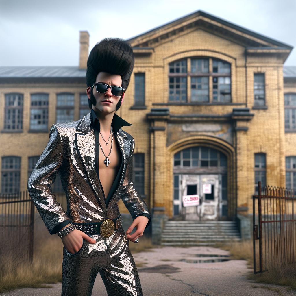 Elvis Impersonator outside Closed School