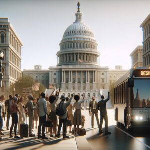 Protesters boarding bus, Capitol building