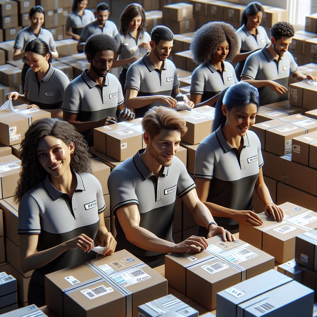 FedEx employees assembling care packages