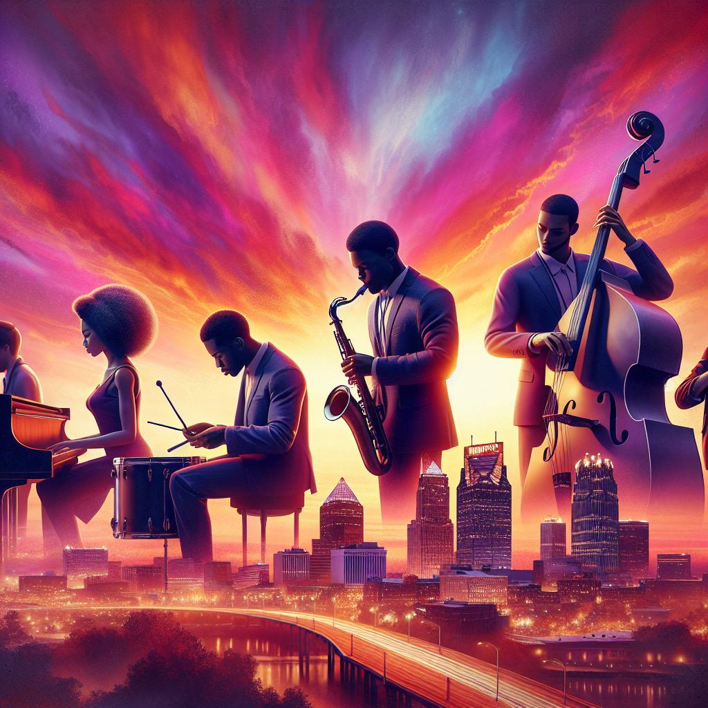 Memphis skyline at sunset with jazz musicians.