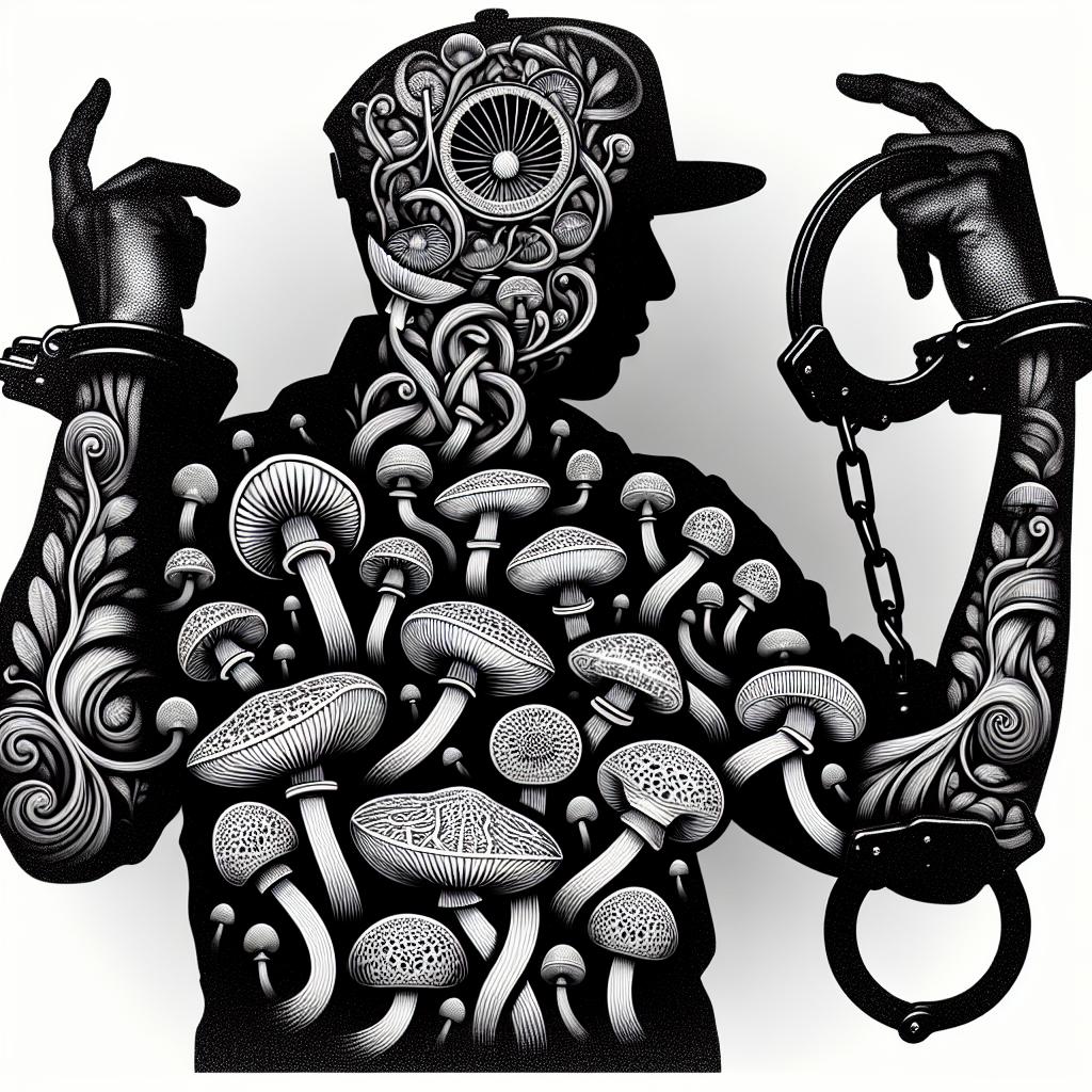 Rapper handcuffed silhouette, mushroom graphics