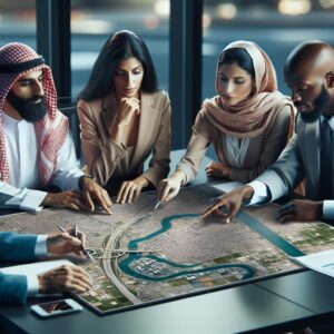 Diverse board discussing city-map