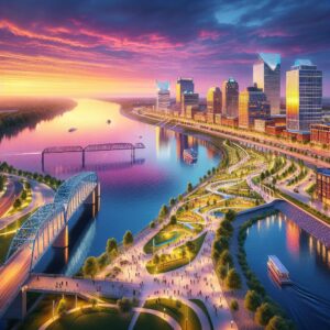"Sunset over transformed Memphis Riverfront"