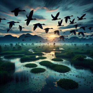 Ducks soaring over wetland conservation area