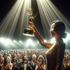 Comedian holding Emmy on stage