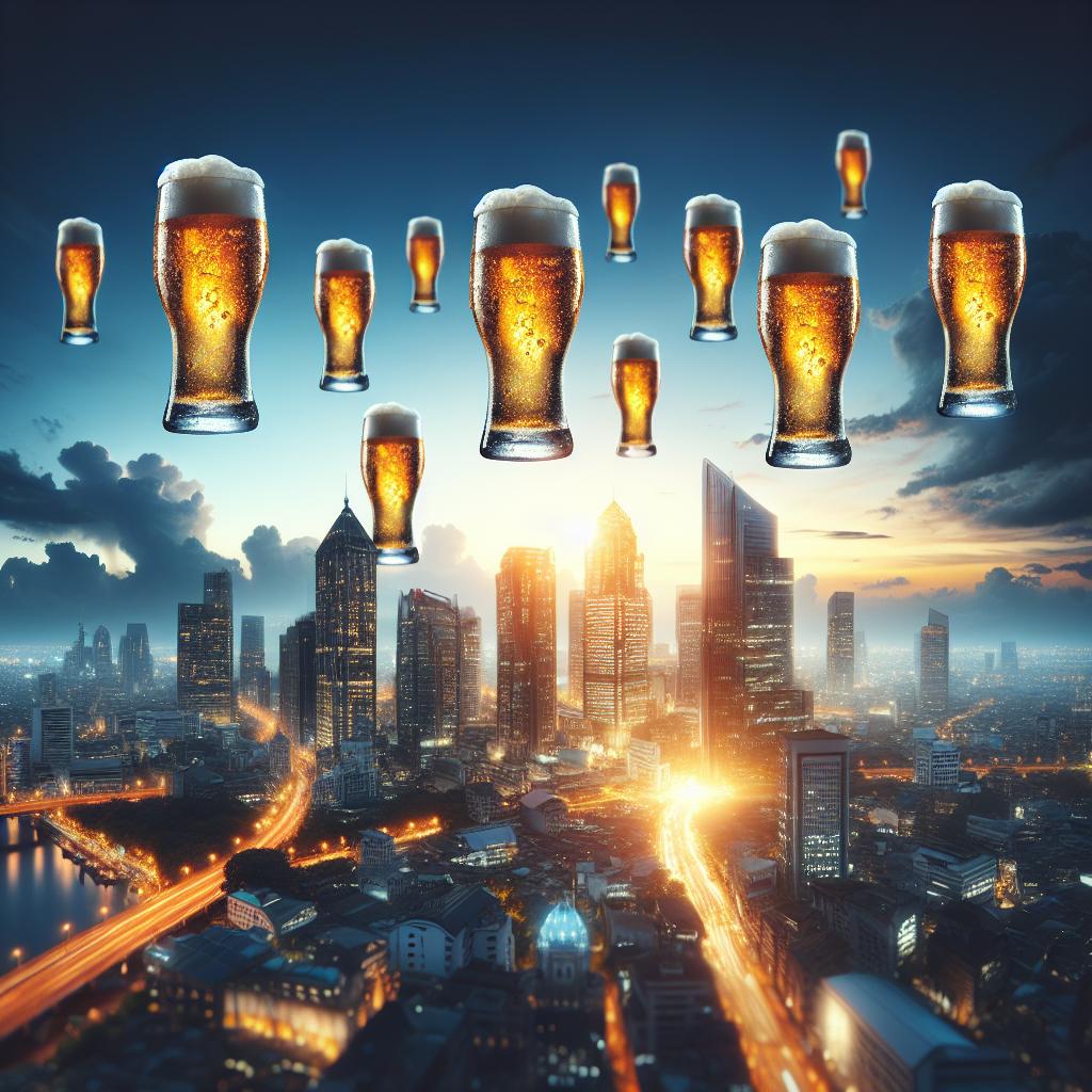 Beer glasses soaring cityscape