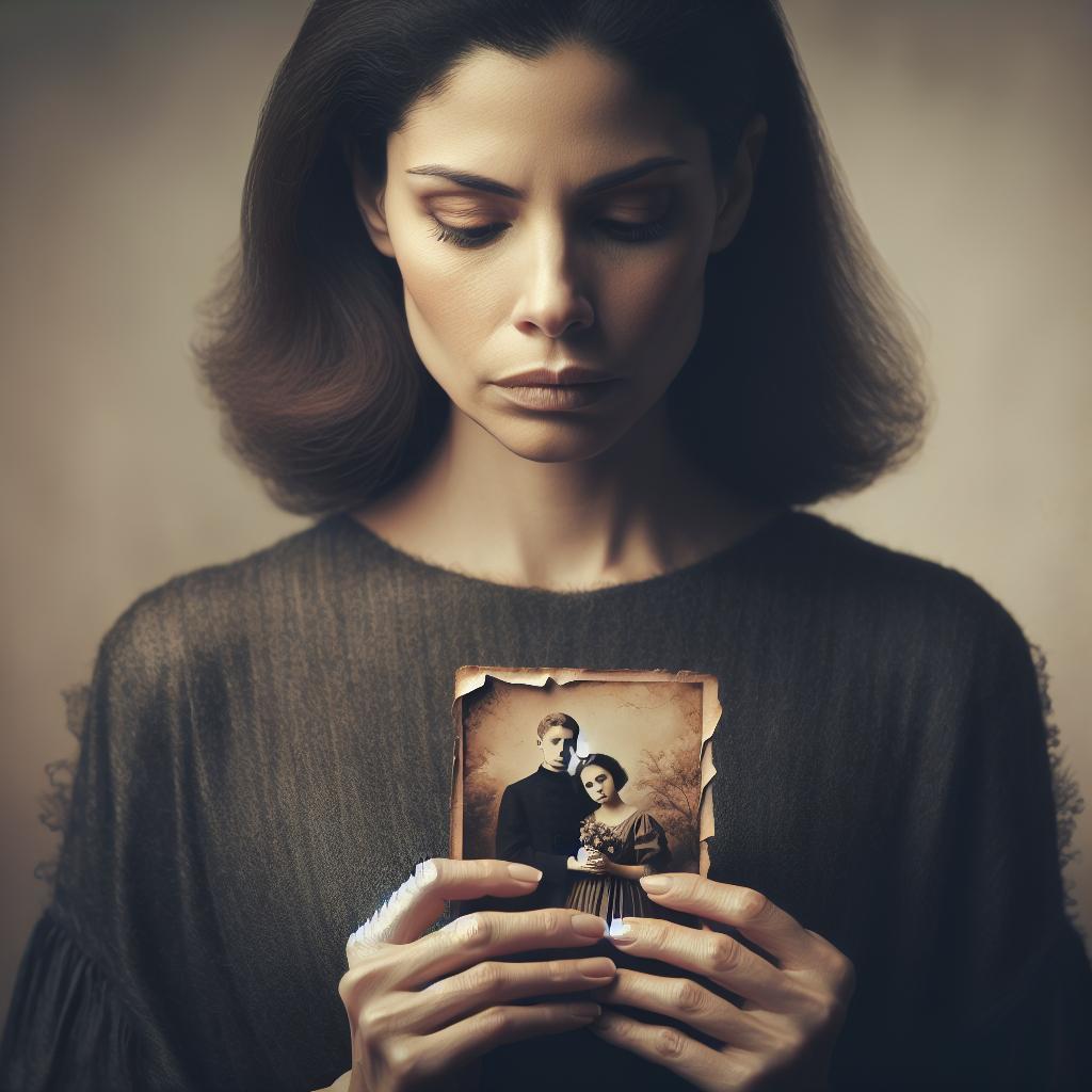 Grieving woman holding photograph
