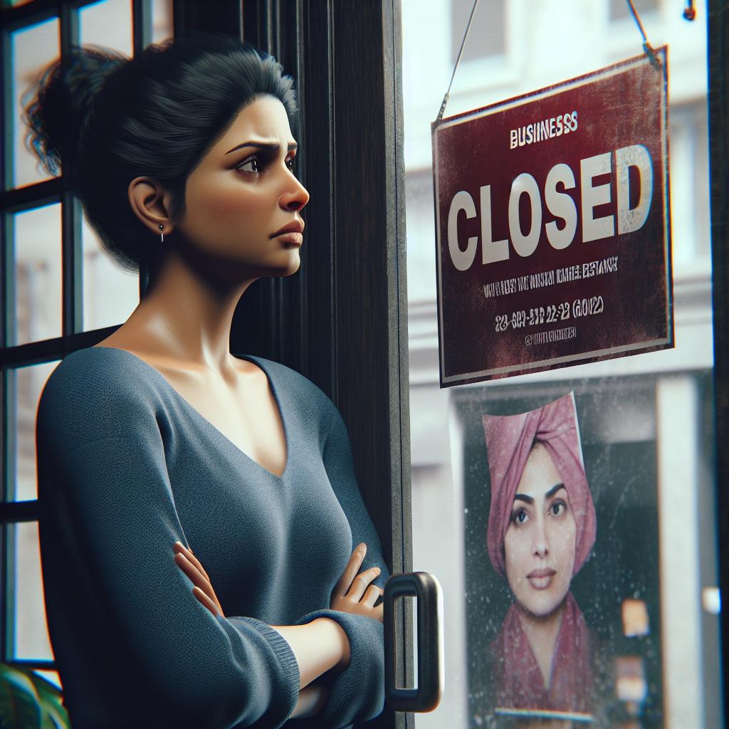"Closed restaurant sign, worried owner"