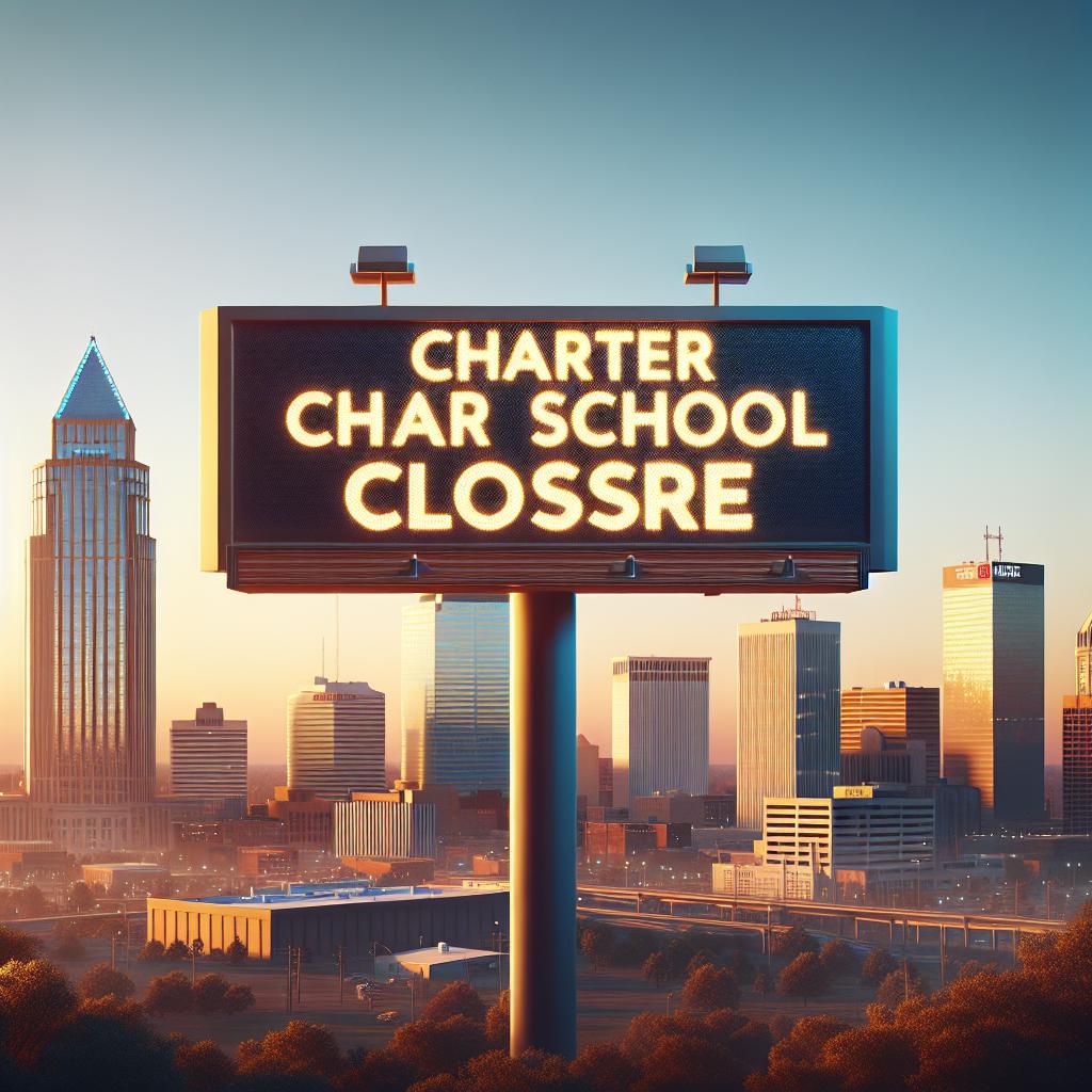 Charter school closure sign, Memphis skyline