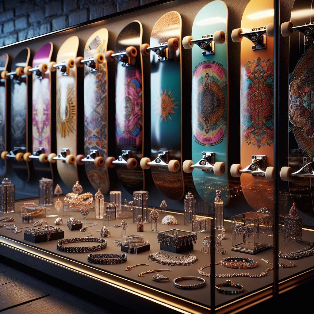 Skateboards and jewelry showcase