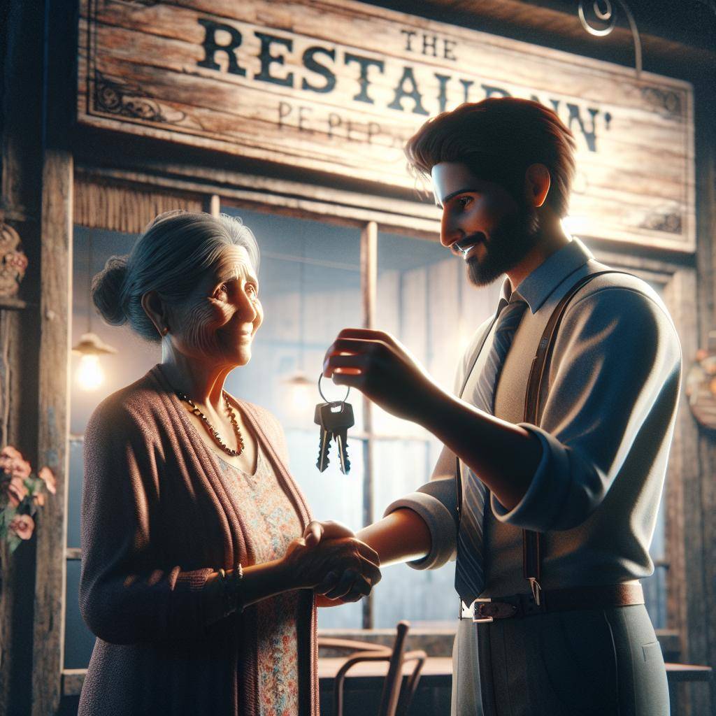 "Retired restaurant owner handing keys"