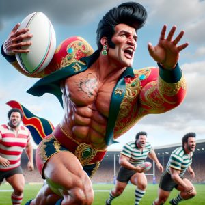 Elvis impersonator playing rugby