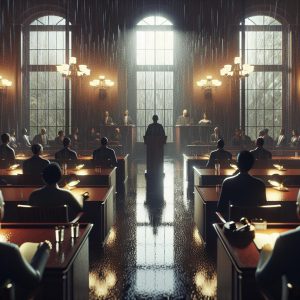 Rainy courtroom reflections