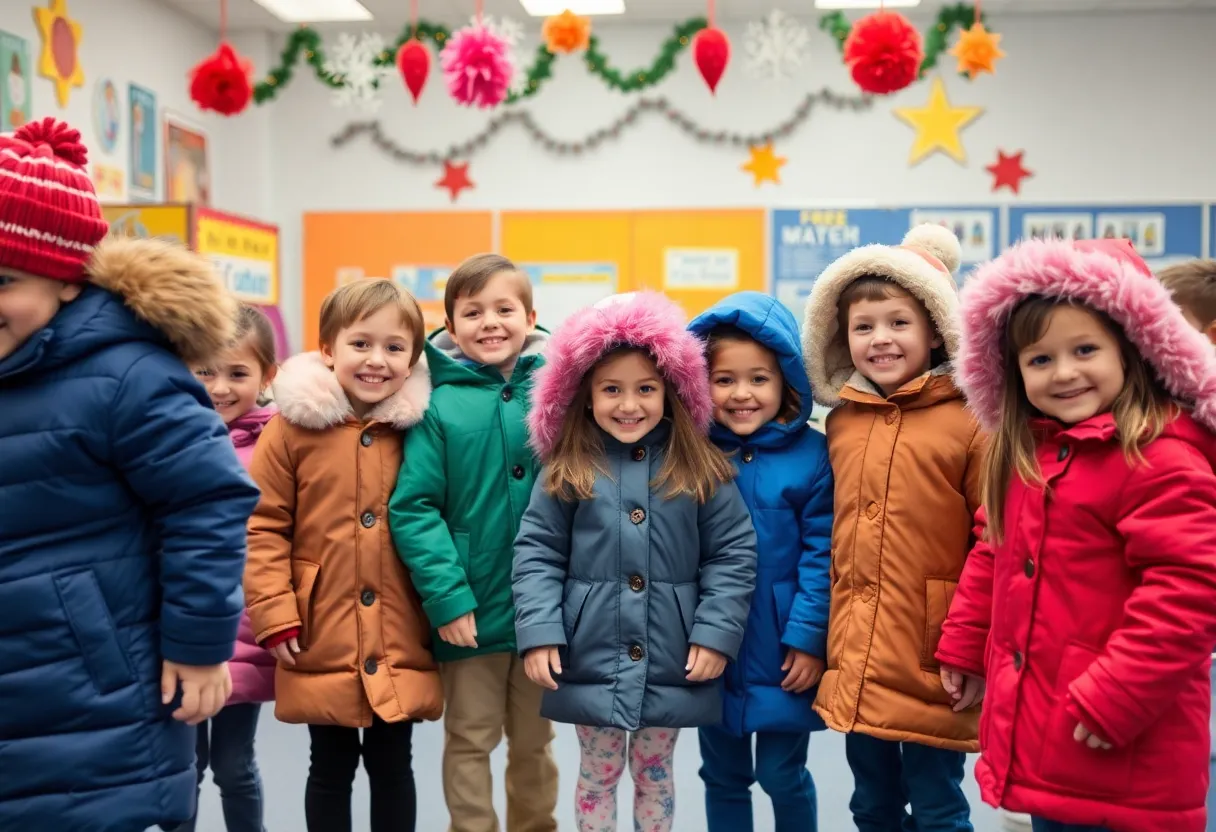 Children excitedly trying on new winter coats at Schools of Perea