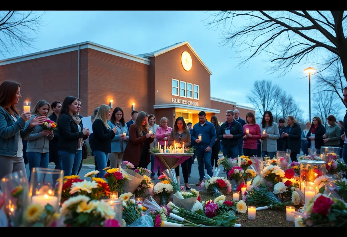 A community gathering memorializing cherished individuals outside a school.