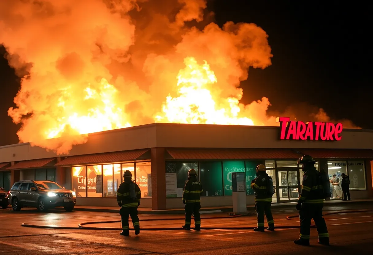 Firefighters battling a fire at a strip mall
