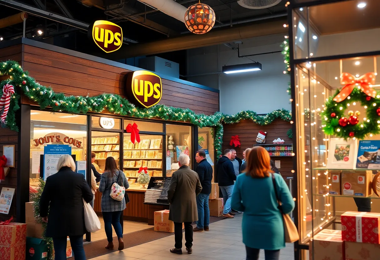 Interior of Germantown UPS Store decorated for the holiday season