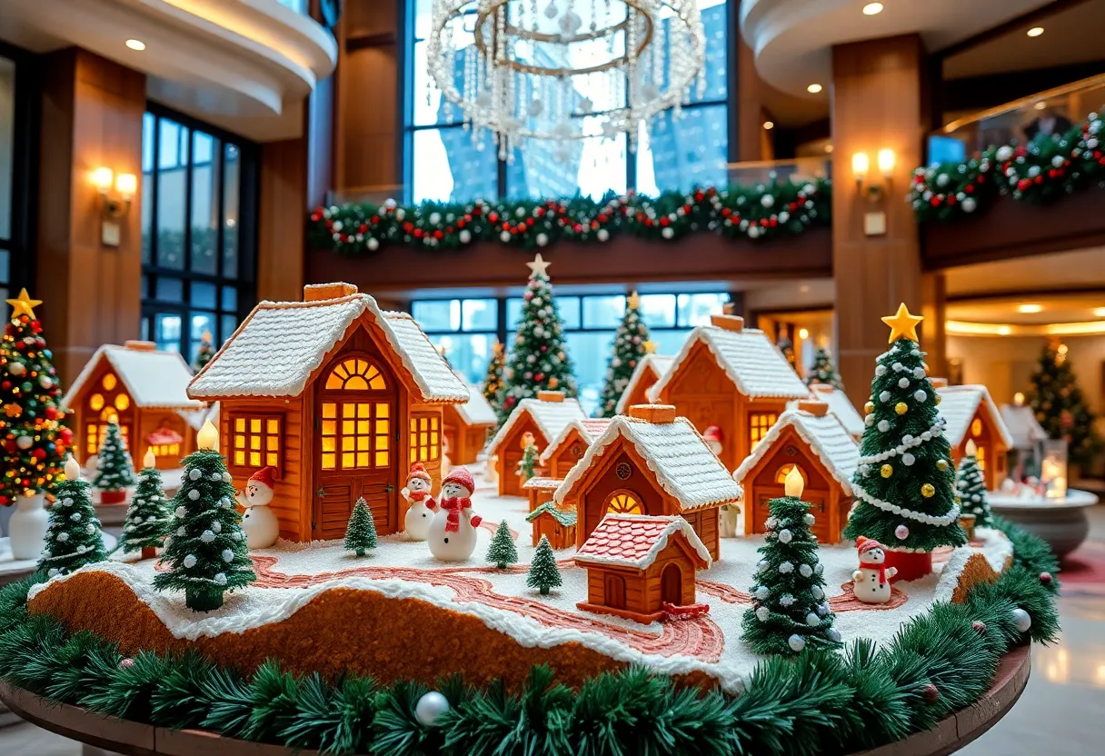 Holiday gingerbread village display at The Peabody Memphis Hotel
