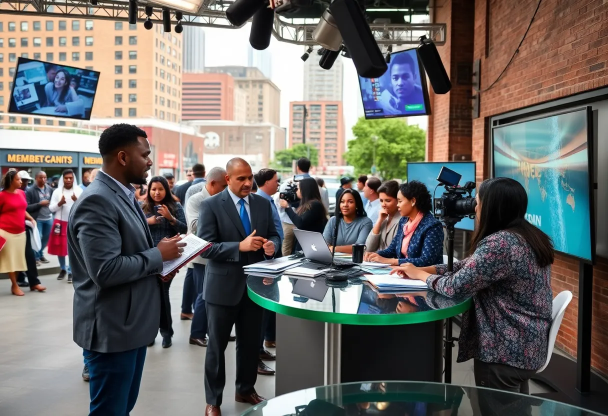 Vibrant scene of a Memphis newsroom with journalists covering local sports.