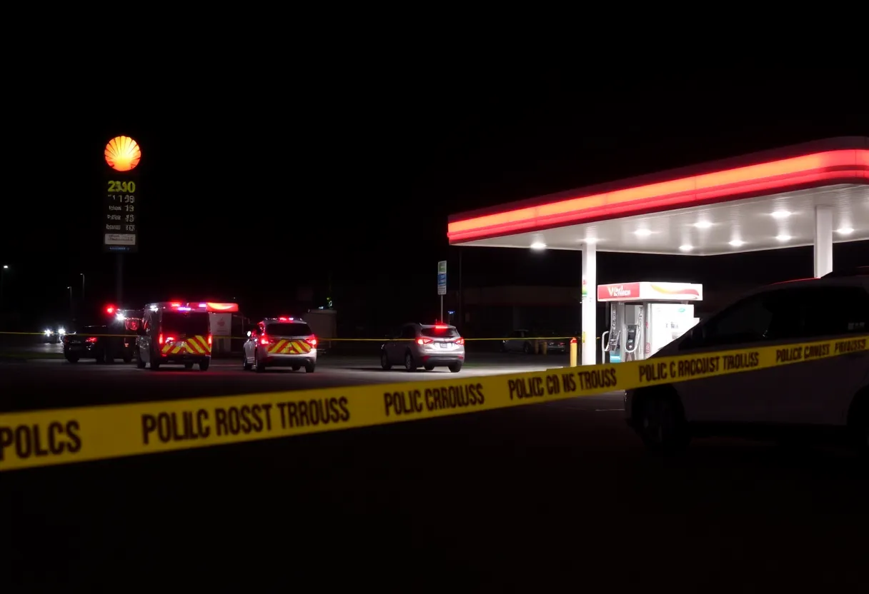 Scene of a gas station with police presence and emergency vehicles after a stabbing incident in Memphis.