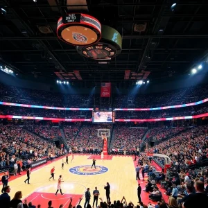 A lively arena filled with cheering fans during a basketball game.