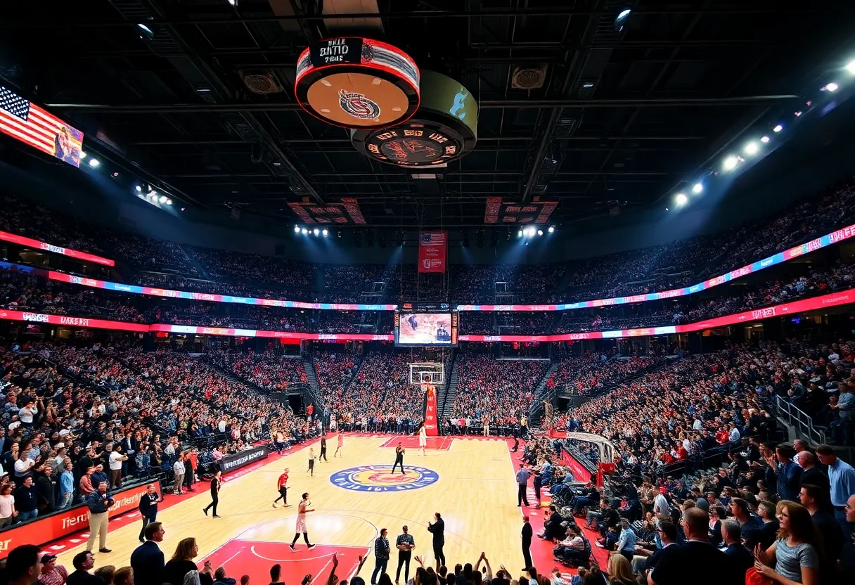 A lively arena filled with cheering fans during a basketball game.