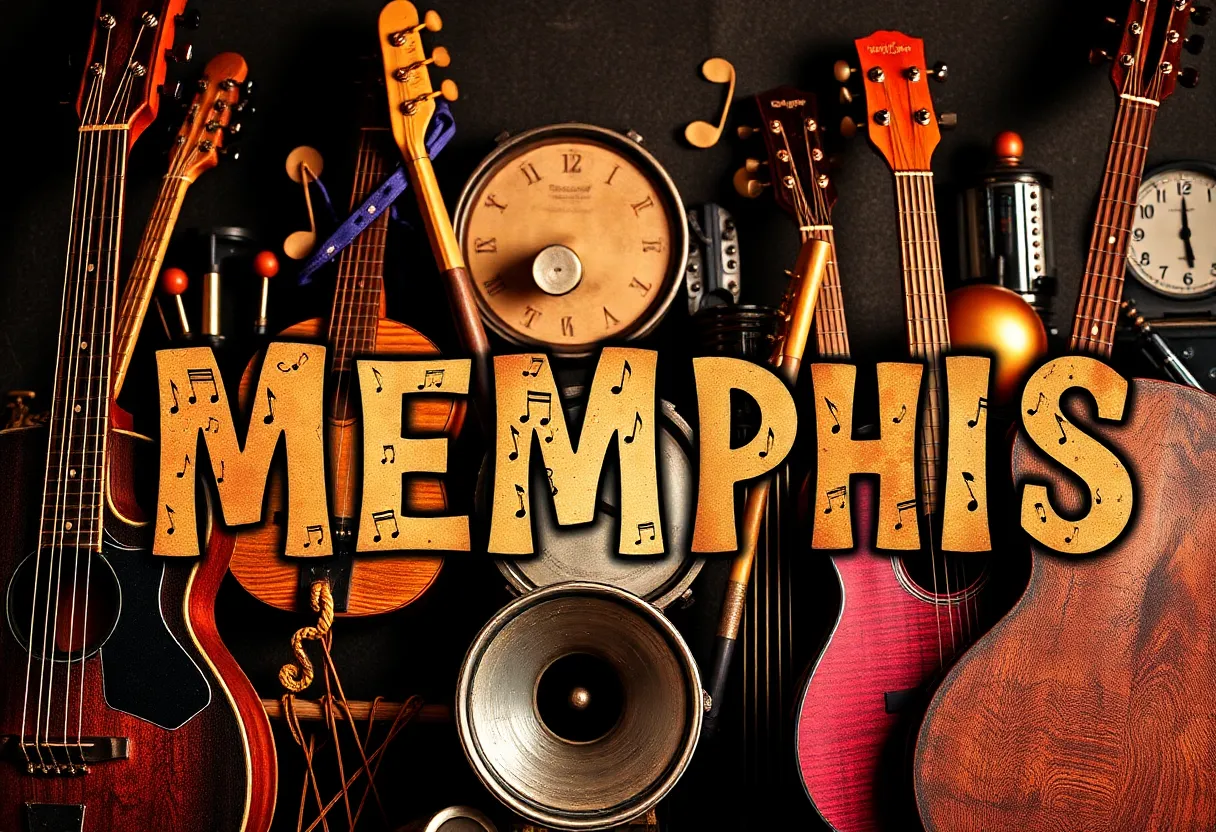 Artistic representation of Memphis music scene with instruments