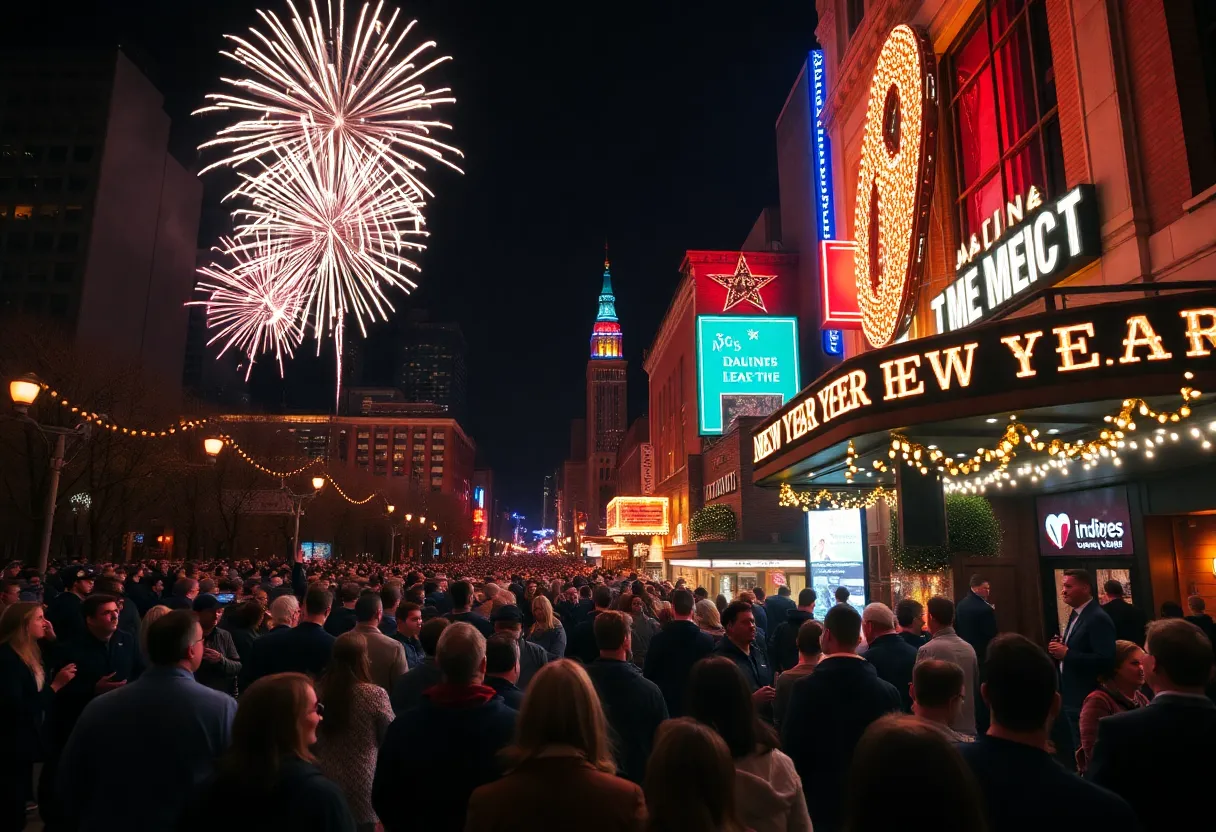 Crowd celebrating New Year's Eve in Memphis with fireworks