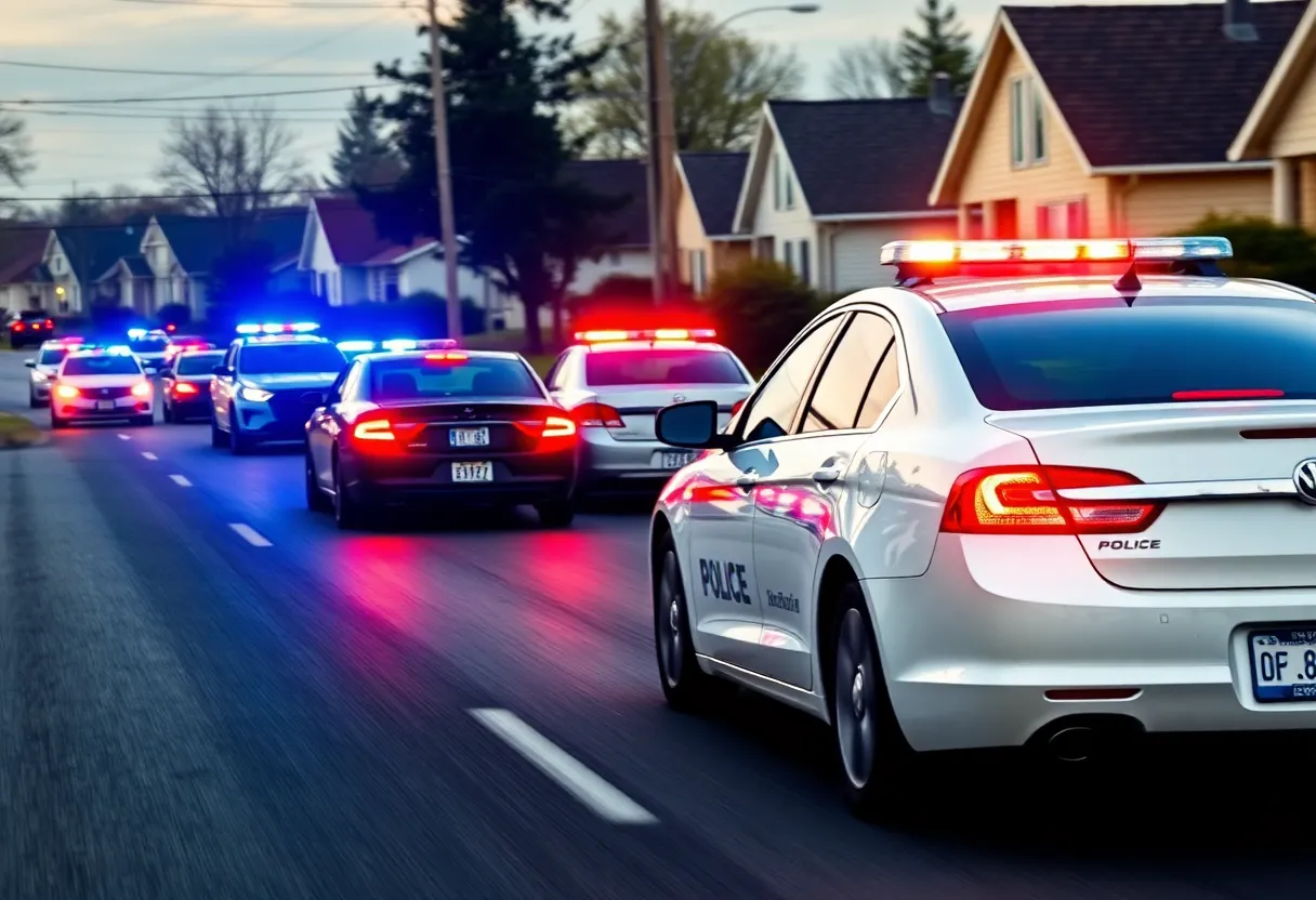 High-speed police chase involving a white sedan.