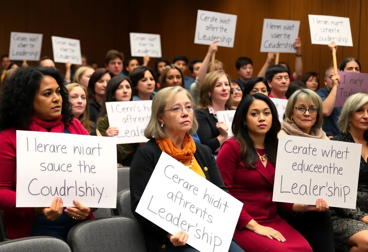 Community members at a school board meeting expressing support for educational leadership.