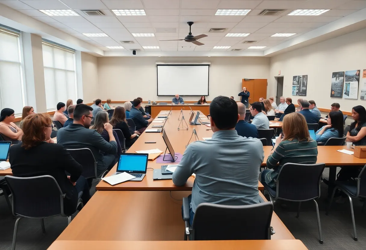 Board members discussing during a meeting on school leadership