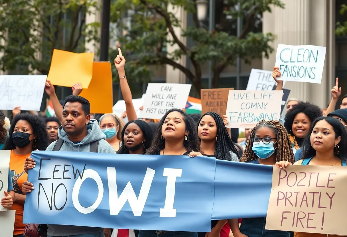 Scene depicting a peaceful protest focused on nonviolence education
