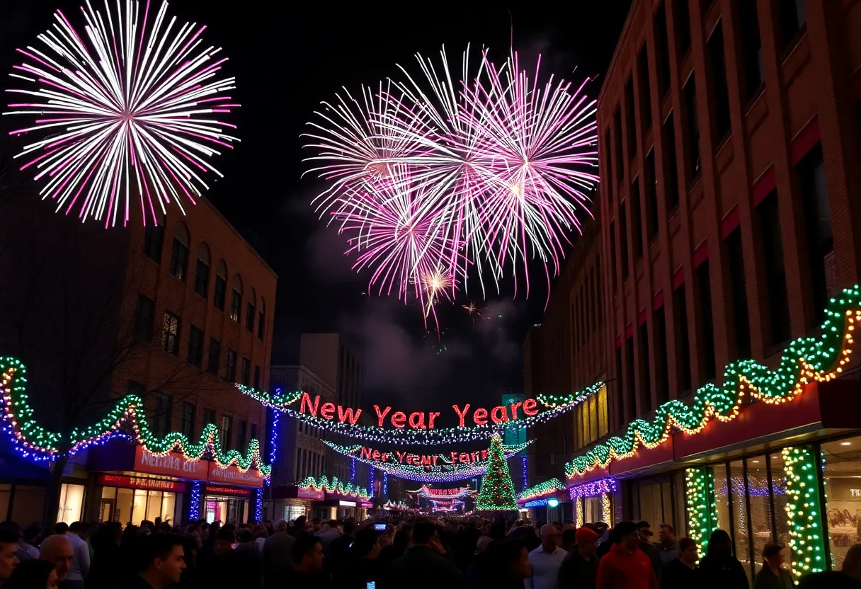 Crowd celebrating New Year’s Eve in Memphis with fireworks