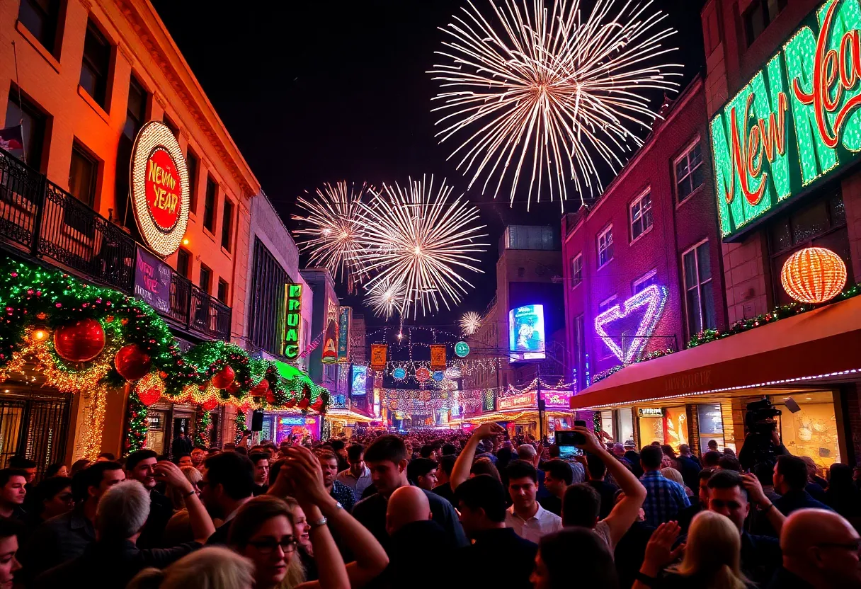 Crowd celebrating New Year's Eve in Memphis with fireworks