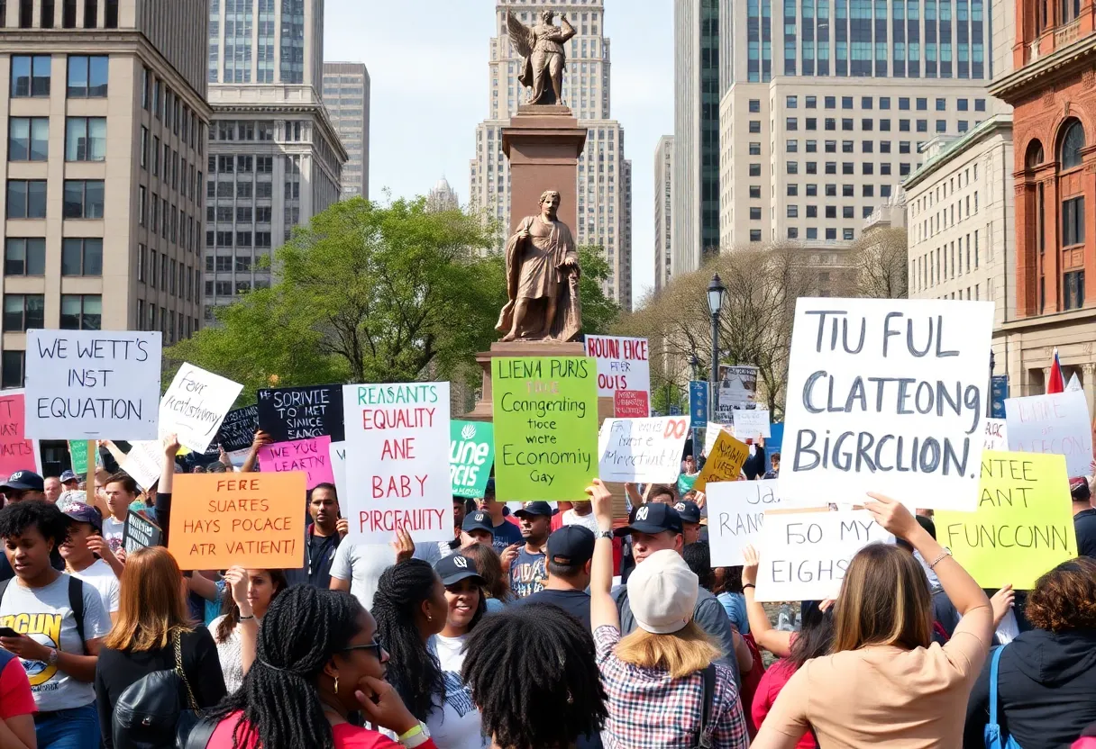 Diverse activists holding signs for economic justice and equality