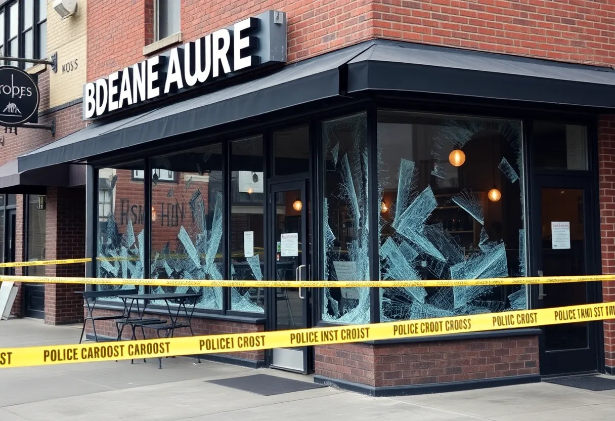 Shattered windows at Alcenia's Restaurant in Downtown Memphis after a burglary.