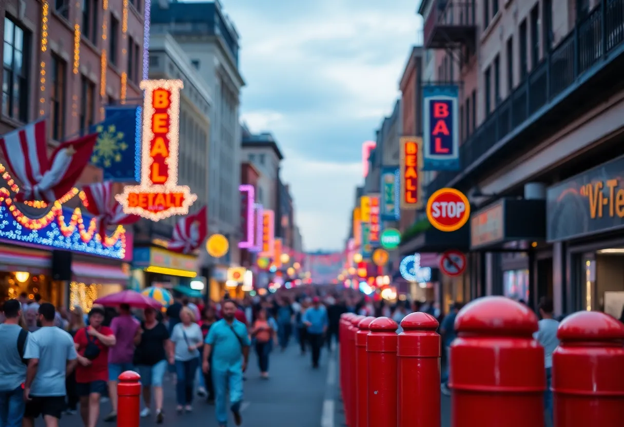 Crowd enjoying a festival on Beale Street with safety measures visibly placed.