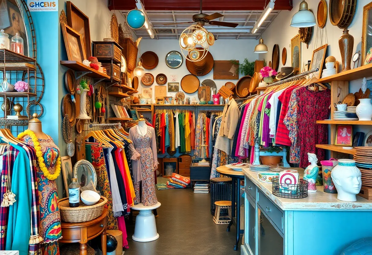 Interior of Blue Suede Vintage with racks of clothing and vintage decor