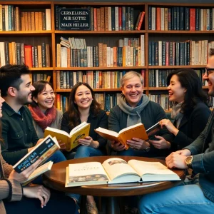 A group of friends gathered in a warm environment, discussing books.