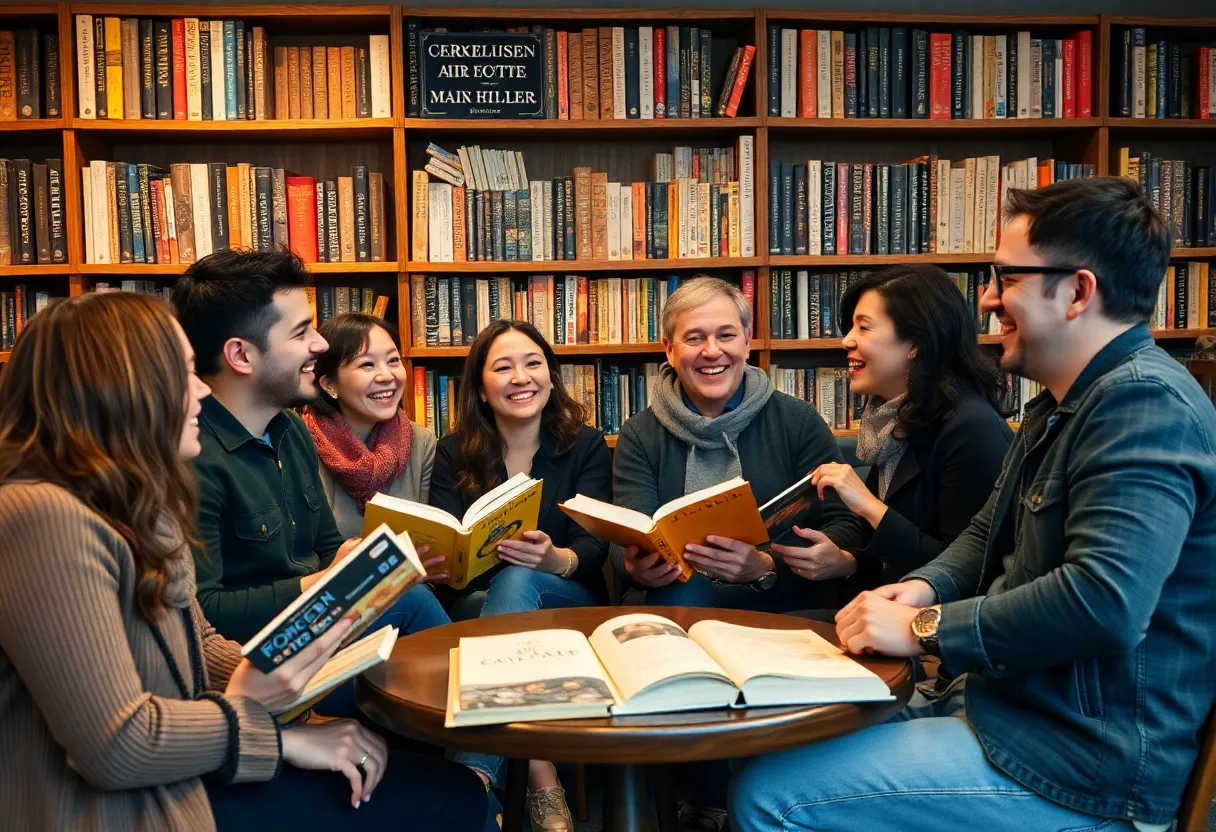 A group of friends gathered in a warm environment, discussing books.
