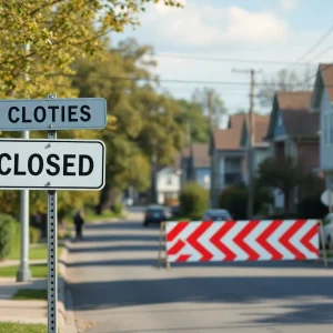 Residential street in Chickasaw Gardens with traffic closure sign