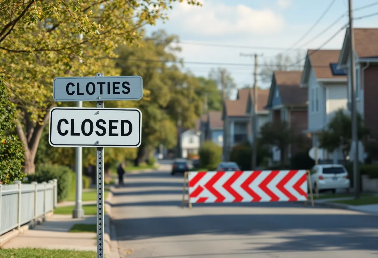 Residential street in Chickasaw Gardens with traffic closure sign