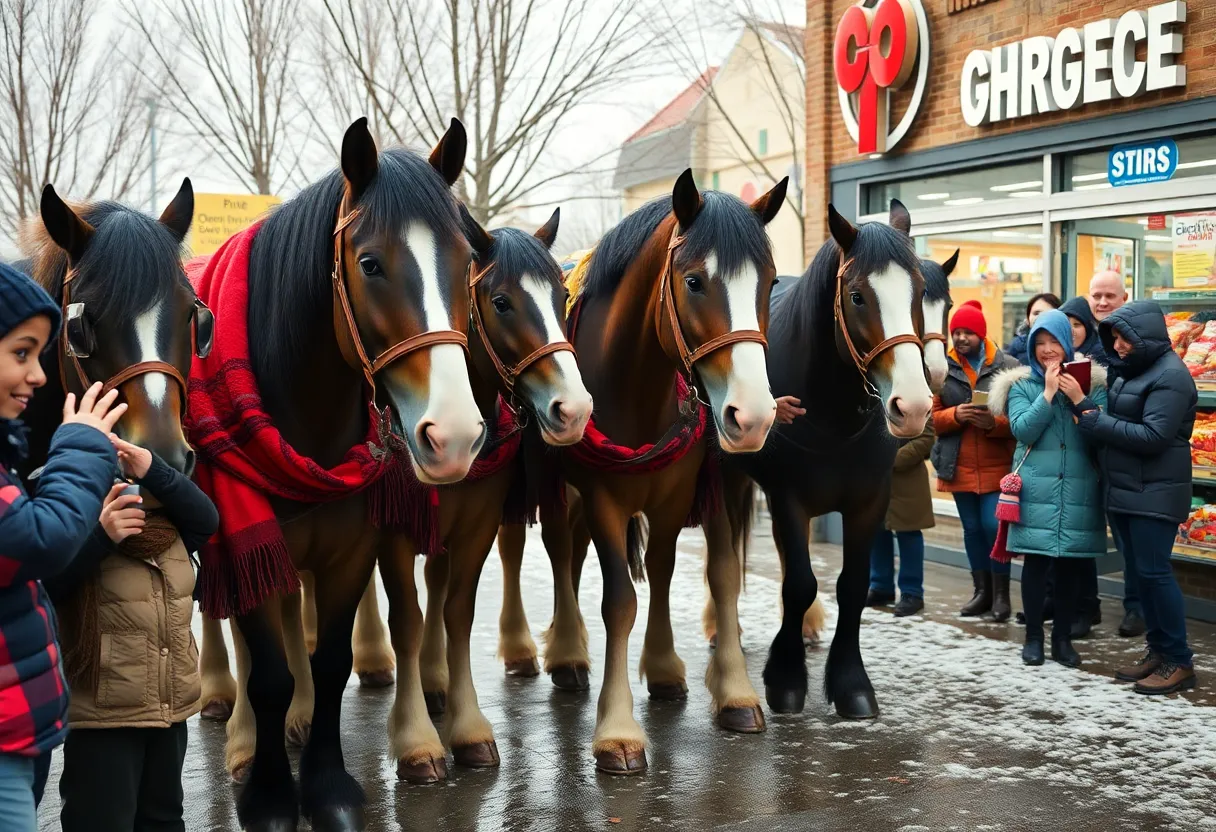 A group of Budweiser Clydesdales at a Kroger store in Memphis